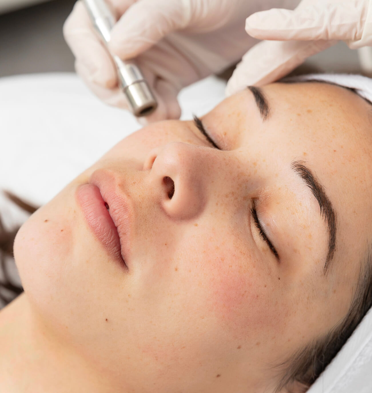 Femme recevant un traitement de microdermabrasion pour un teint plus éclatant et une peau lisse, ciblant les imperfections et la texture irrégulière.
